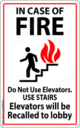 In Case Of Fire Sign Do Not Use Elevators. Use Stairs, Elevators Will Be Recalled To Lobby