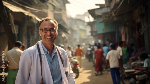 Doctor wearing uniform at slum, happy doctor with slum background photo