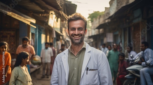 Slum community and health concept, smiling doctor standing in slum community, doctor and outside work photo