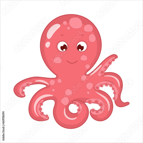 Cute cartoon octopus on white background, octopus color, sea animals, sea world, vector illustration