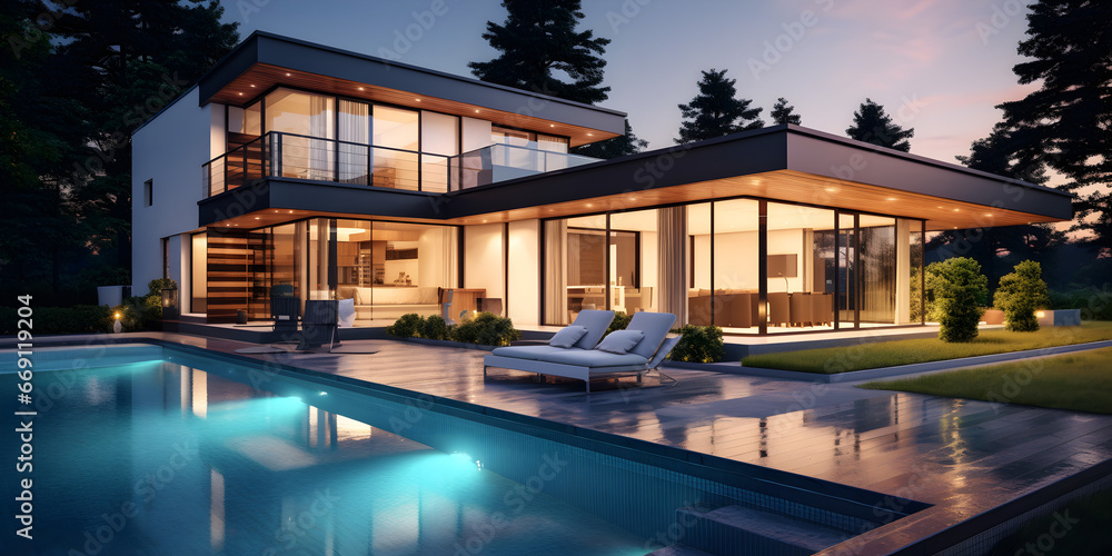 house pool at night,3d rendering illustration of modern house and swimming pool,arafed modern house with a pool and a patio at dusk