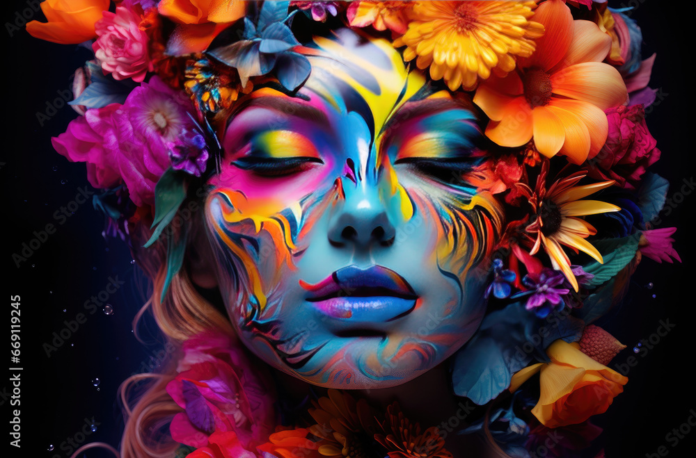 beautiful girl with her face painted and decorated with flowers