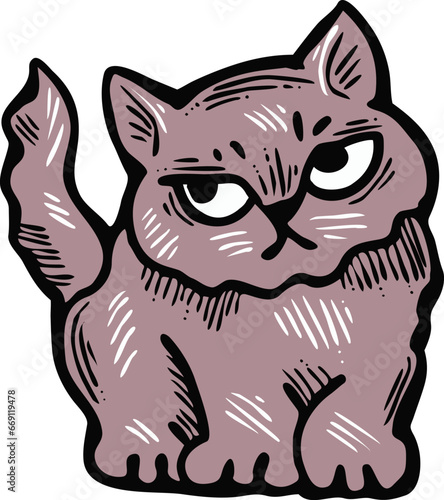 Cute lovely cat with funny face. Fluffy kitten best friend with big eyes. Home pet for baby, kids, boy, girl and family. Hand drown character. Retro vintage cartoon vector illustration drawn by hand.
