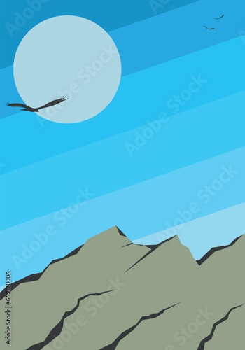 illustration of mountain landscape with rocks under blue sky with flying birds.