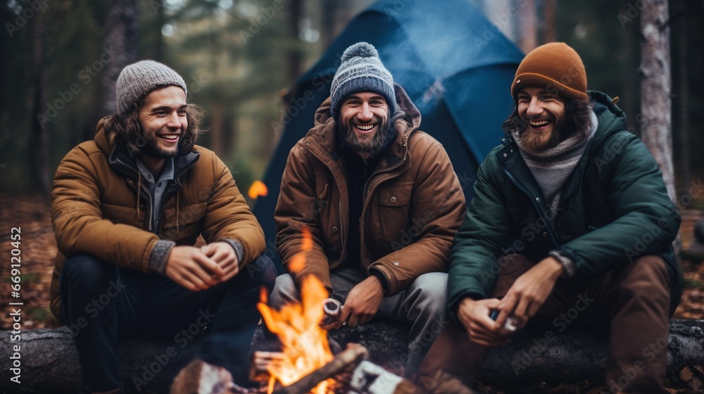 Young men with beards congregate around campfire sharing stories to make night memorable. Group of bearded hikers with hands in pockets comes around fire enjoying conversation by tent in autumn forest
