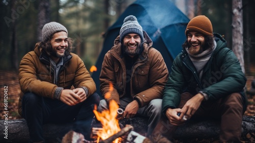 Young men with beards congregate around campfire sharing stories to make night memorable. Group of bearded hikers with hands in pockets comes around fire enjoying conversation by tent in autumn forest