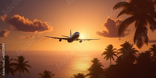 airplane flying in sunset light. Concept of fast travel, holidays and business. ai generative