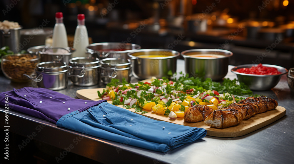 A chef's uniform set against a backdrop of gleaming stainless steel countertops, pots, and pans, illustrating the vibrant and dynamic environment of a professional kitchen