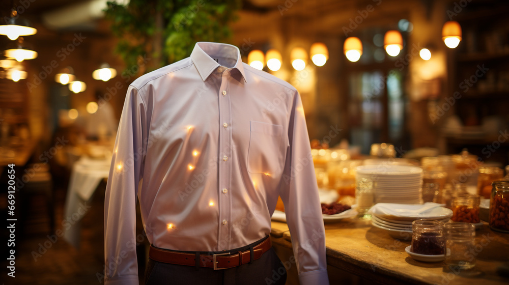 A chef's uniform under the warm glow of a restaurant's ambient lighting, a symbol of the bustling, creative, and gastronomic world behind the scenes A chef's uniform under the warm glow of a restaurant's ambient lighting, a symbol of the bustling, creative, and gastronomic world behind the scenes