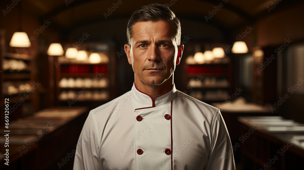 he chef's iconic white jacket with a red collar and cuffs, the traditional uniform of the head chef, embodying authority, experience, and leadership in the kitchen he chef's iconic white jacket with a red collar and cuffs, the traditional uniform of the head chef, embodying authority, experience, and leadership in the kitchen