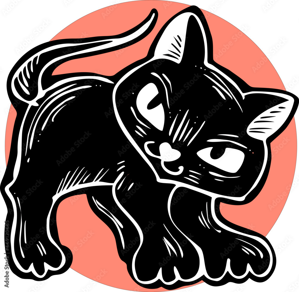 Obraz premium Cute lovely cat with funny face. Fluffy kitten best friend with big eyes. Home pet for baby, kids, boy, girl and family. Hand drown character. Retro vintage cartoon vector illustration drawn by hand.