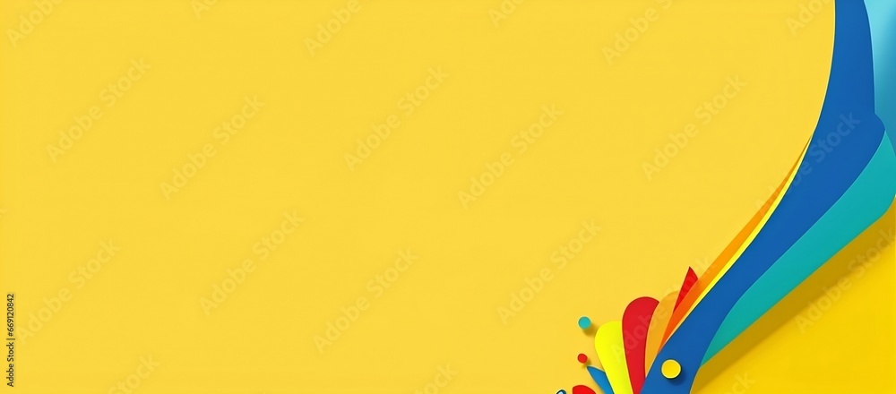 3D Abstract multicolored papers geometry flat lay in banner background. Yellow, blue, red waved shaped lines background. Abstract view with copy space