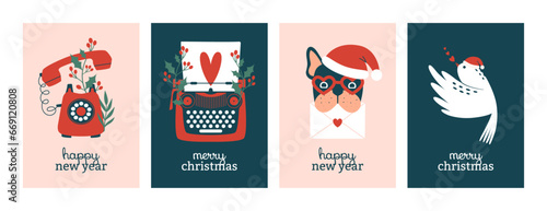 Set of Christmas and New Year cards with creative clip arts and text. Vector illustrations of retro telephone, typewriter, french bulldog in santa's hat, white dove, winter plants, holly berries.