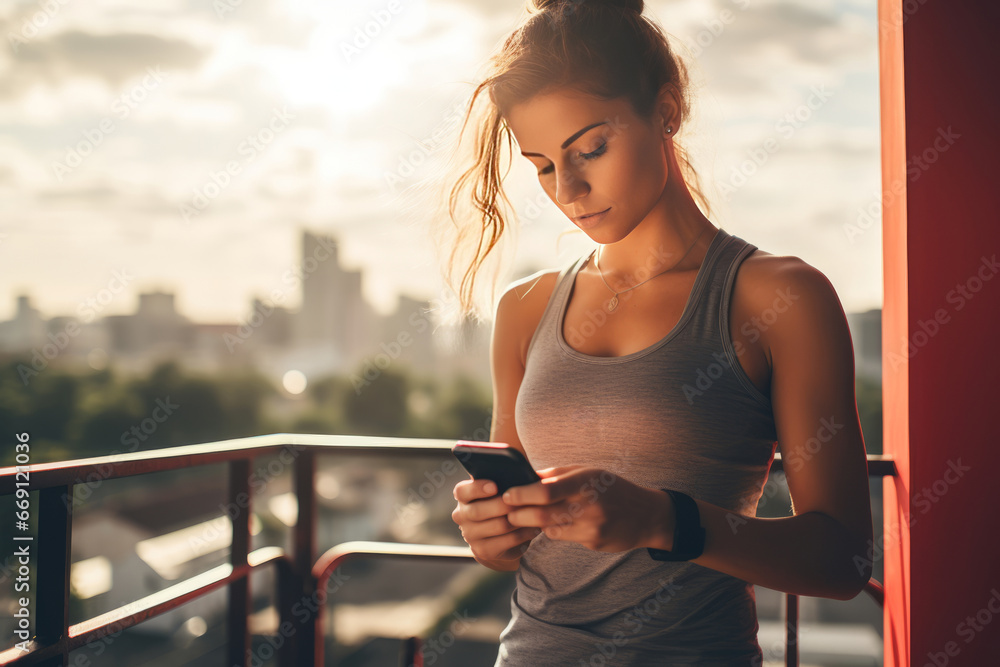 Young athletic Caucasian woman in sportswear with smartphone while training outdoor. Slender beautiful girl resting after jogging or workout in city street. Active lifestyle in urban environment.
