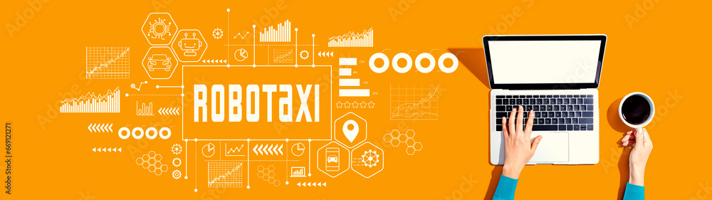 Robotaxi theme with person using a laptop computer Robotaxi theme with person using a laptop computer