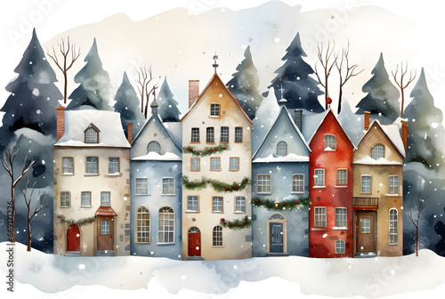 watercolor christmas houses and snowflakes, in the style of colorful street murals photo