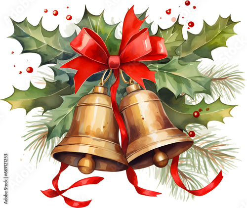 illustration of christmas bells with holly leaves, in the style of watercolor illustrations