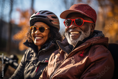 Elderly smiling couple in safety helmets riding bicycles together to stay fit and healthy. African American seniors having fun on a bike ride in autumn park. Retired people lead active lifestyle. © Georgii