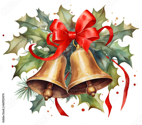 illustration of christmas bells with holly leaves, in the style of watercolor illustrations