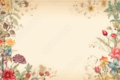 An illustration of botanical floral border with bright vivid flowers arranged at the sides making a frame with a white copy space in the middle, top view flat lay composition