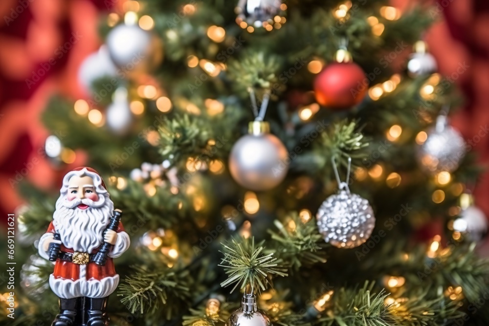 Christmas decoration on the background of the Christmas tree. New Year. Christmas tree with ornaments and lights on bokeh background.