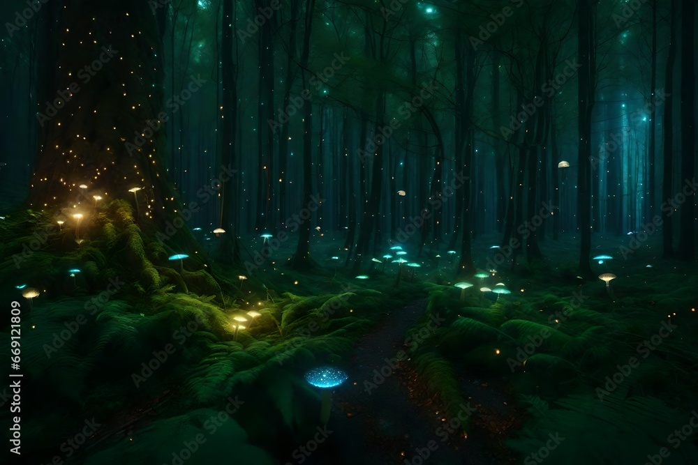 A mystical, starry woodland teeming with sparkling fireflies and mushrooms.