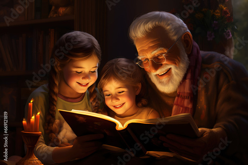 A grandparent reading a story to their grandchildren