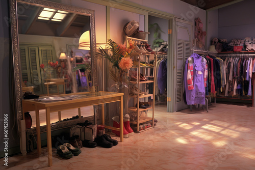 A hallway with a full-length mirror and a rack of Y2K fashion items like cargo pants, crop tops, platform sneakers, and a variety of scrunchies