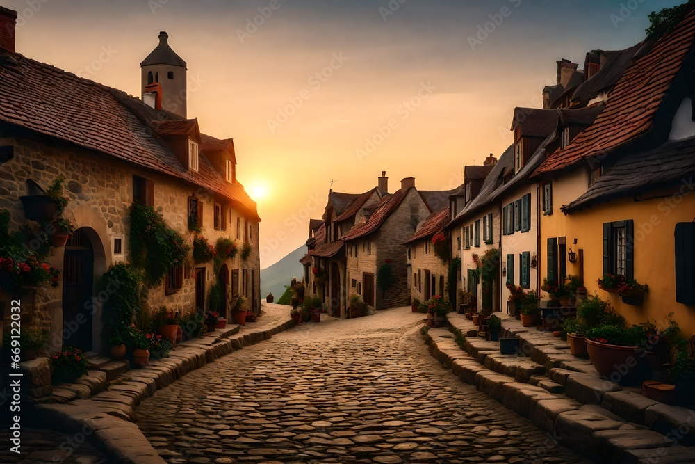 Fototapeta premium A lovely European-style village with streets made of cobblestones and cozy dwellings.