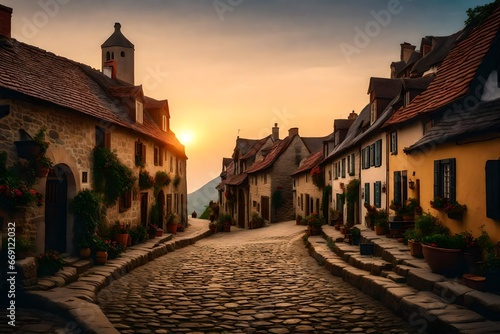 A lovely European-style village with streets made of cobblestones and cozy dwellings.