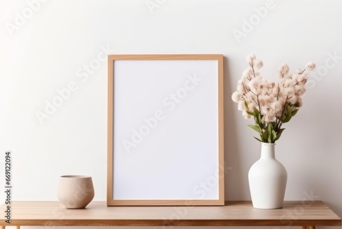 Empty wooden picture frame mockup hanging on white wall background. Boho-shaped vases with dried flowers on table.Working space, home office. Modern interior. photo
