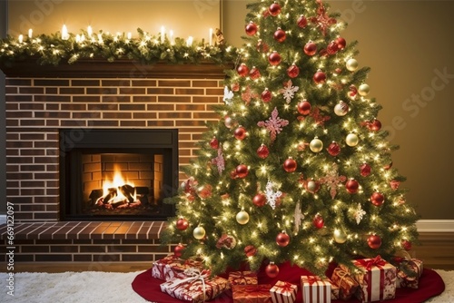 Christmas tree with presents by the fireplace in the living room at home © vachom