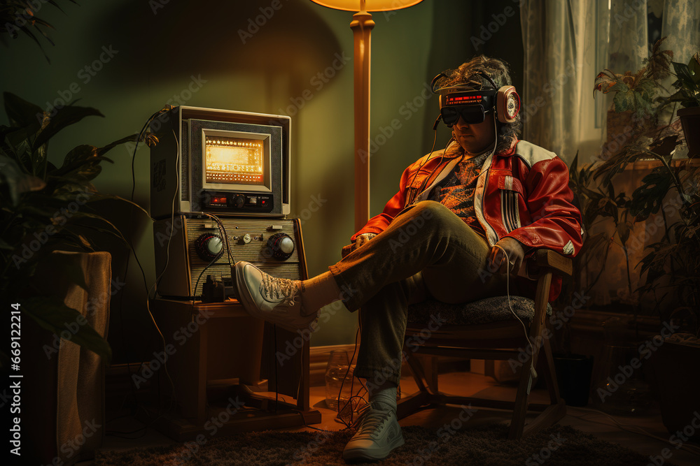 A person sitting in the chair, carefully inserting a cassette tape into the player, a look of nostalgia and fondness on their face. - obrazy, fototapety, plakaty 
