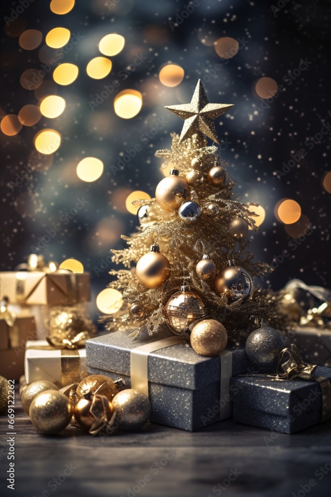 Christmas tree with presents. Christmas tree with decorations and gifts. Christmas or New Year background