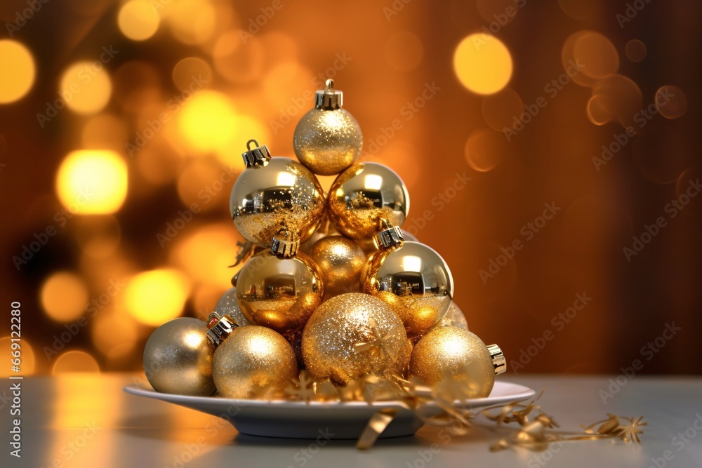 Christmas tree with gold and silver baubles on a dark background Christmas tree with gold and silver baubles on a dark background