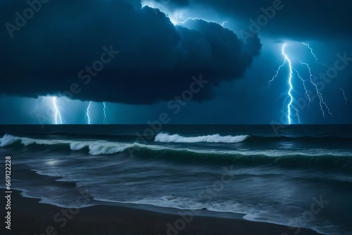 Spectacular thunderstorm over a stormy, black sea. © MB Khan