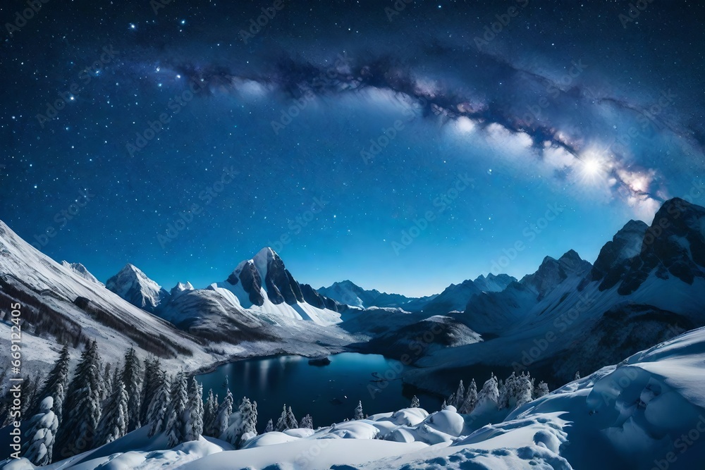 A starry night sky and a gorgeous range of mountains covered in snow. A starry night sky and a gorgeous range of mountains covered in snow.