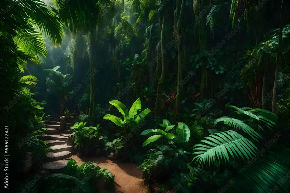 Exotic plants amidst a lush, tropical jungle. Exotic plants amidst a lush, tropical jungle.