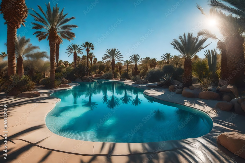 A serene desert haven featuring a dazzling blue lake surrounded by palm trees.