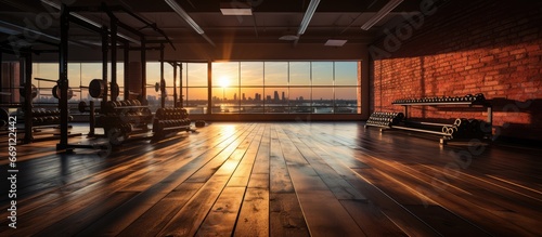 Barbell for gym training. gym room view with various equipment, Sports background.