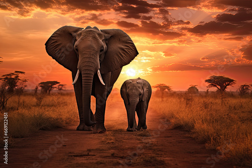 Mother and baby elephants walking together through the savana at sunset