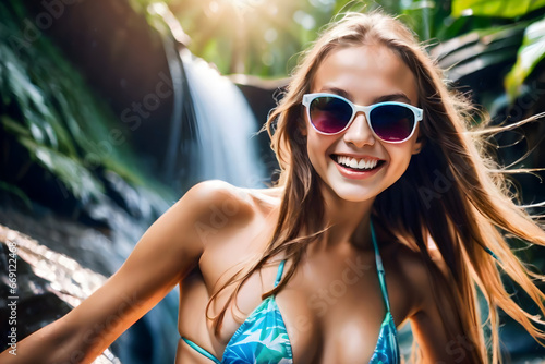 Portrait of a smiling beautiful female model with bikini wearing sunglasses on jungle waterfall flowing hair, beautiful teeth, fun activities, enjoy summer vacation holiday travel © totojang1977