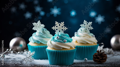Winter cupcakes, silver and blue sprinkles, and sugar snowflakes