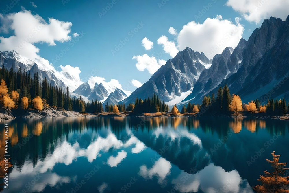 A serene lake encircled by majestic mountain peaks.