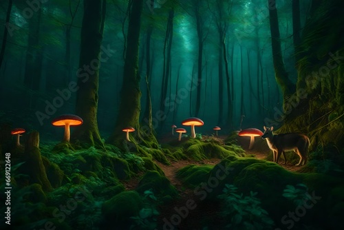 A mysterious forest including luminous mushrooms and talking animals.