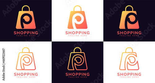 Set of initial letter P shop logo. This logo combines letters and shopping bag using bright gradation colors. Perfect for shops  ecommerce  sales  web store elements and companies related to commerce.