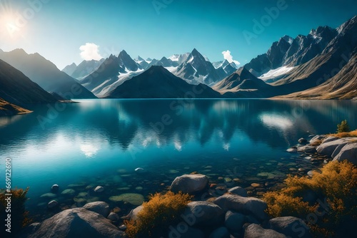 Tall mountain peaks encircle a serene lake. 