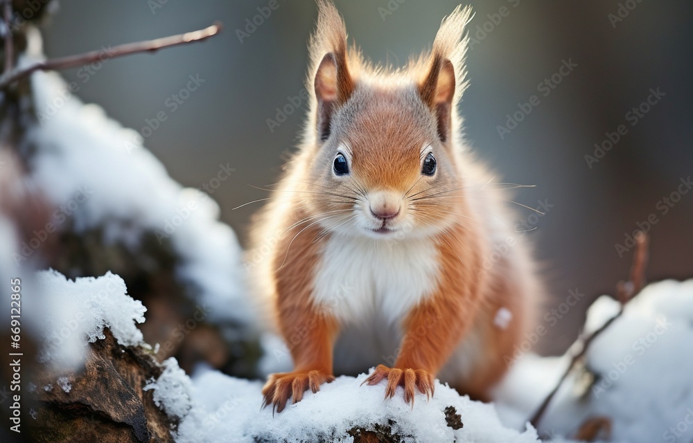 Adorable red squirrel in a cold winter forest setting. Concept of cards for Christmas and New Year. Adorable red squirrel in a cold winter forest setting. Concept of cards for Christmas and New Year.