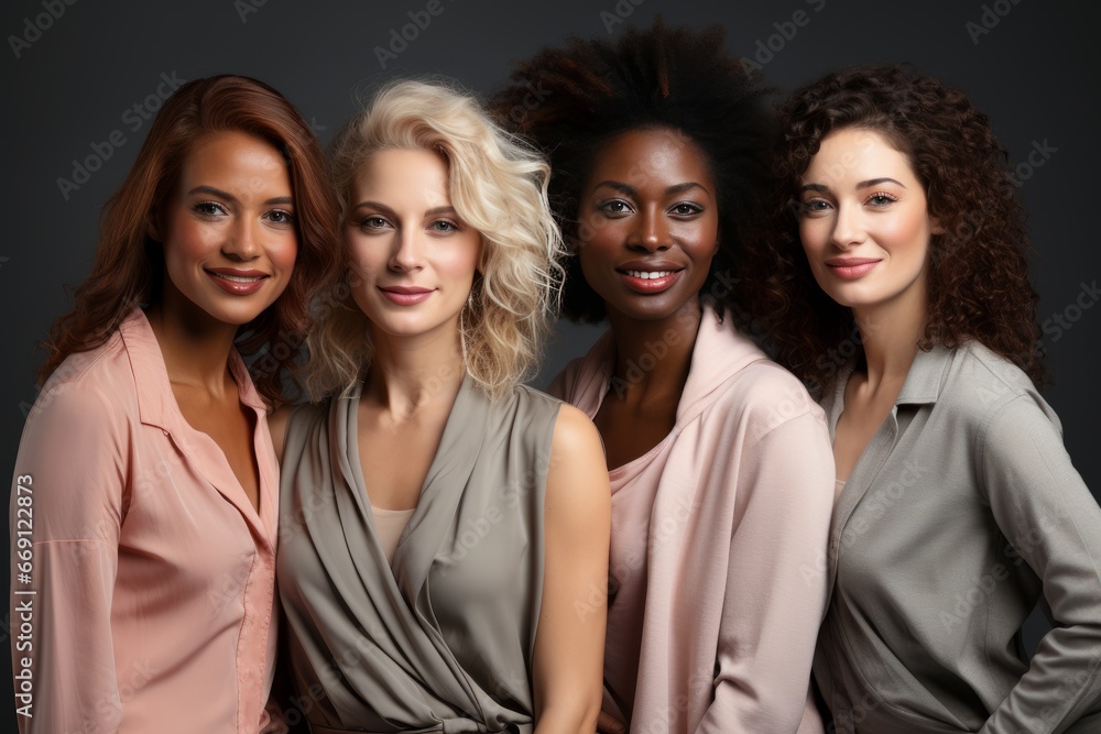 Half-length portrait of four cheerful young diverse multiethnic women. Female friends smiling at camera while posing together. Diversity, beauty, friendship concept. Isolated over grey background. Half-length portrait of four cheerful young diverse multiethnic women. Female friends smiling at camera while posing together. Diversity, beauty, friendship concept. Isolated over grey background.