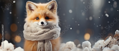 Charming fox wearing a Christmas scarf set against a backdrop of a wintry forest. Christmas greeting card idea. photo